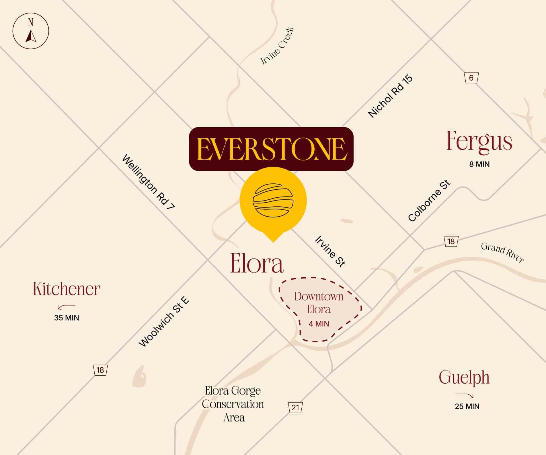 Everstone Elora location map with approximate drive times to downtown Elora, Fergus, Guelph, and Kitchener